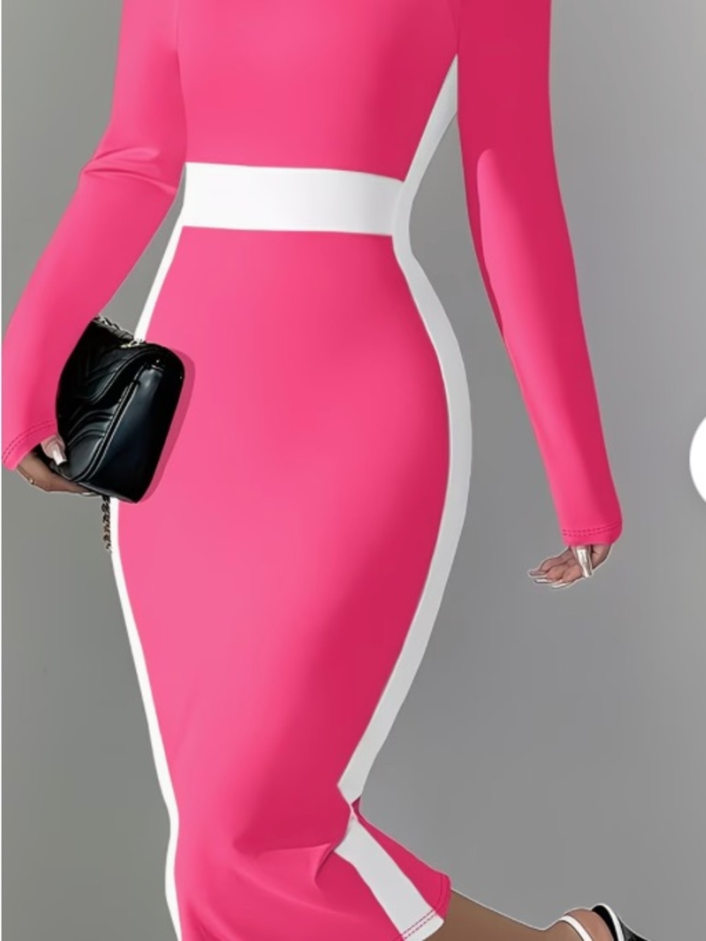 Slim Fit Long Sleeve Pink Bodycon Dress with White Trim